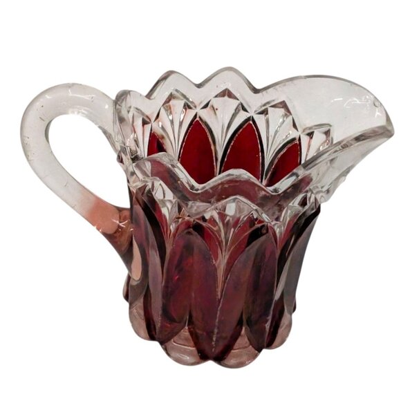 Vtg Ruby Stained Glass Pitcher Etched Victorian Style with Handle 4.5" x 4.5" - Picture 9 of 11